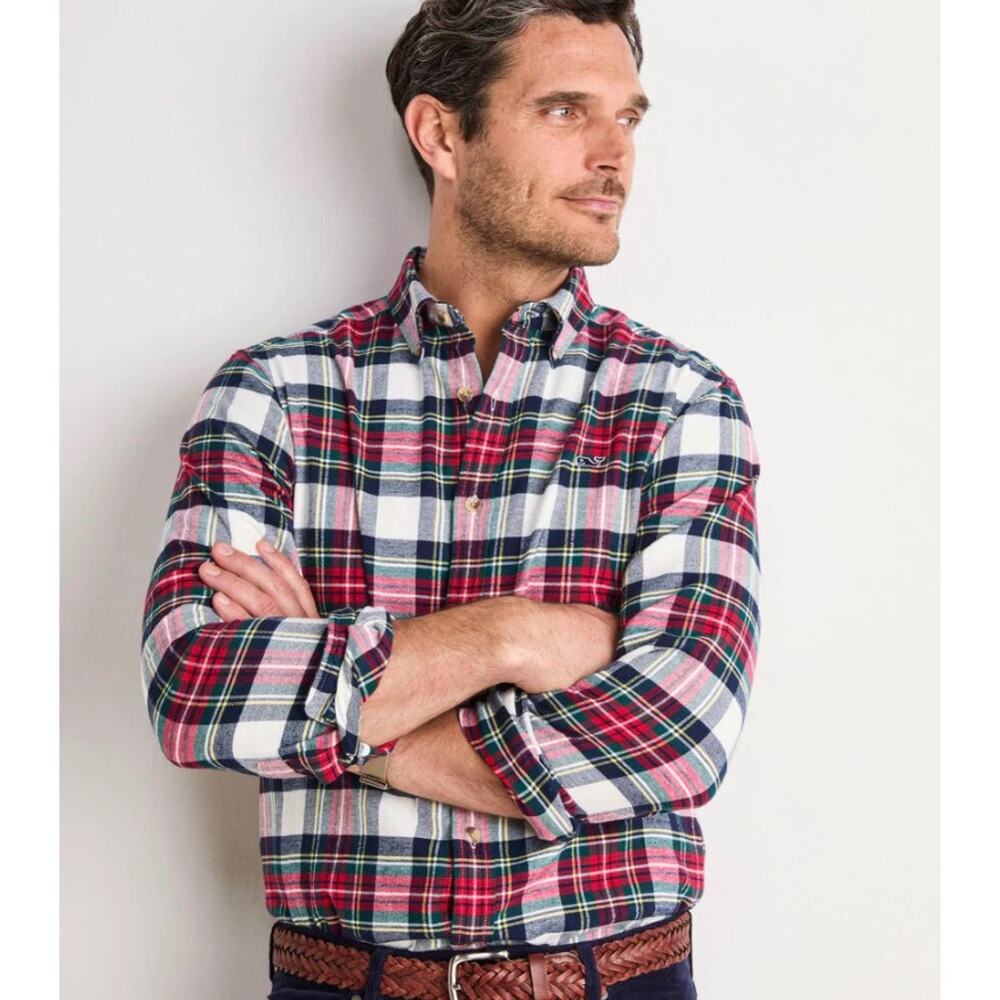Vineyard Vines Men's Vineyard Flannel Plaid Shirt in Marshmallow Size Medium